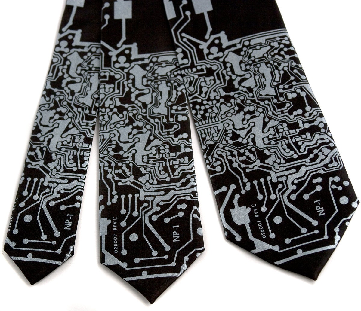 Short Circuit black necktie. Silkscreened circuit board, silver ink. Choose standard, narrow or skinny.