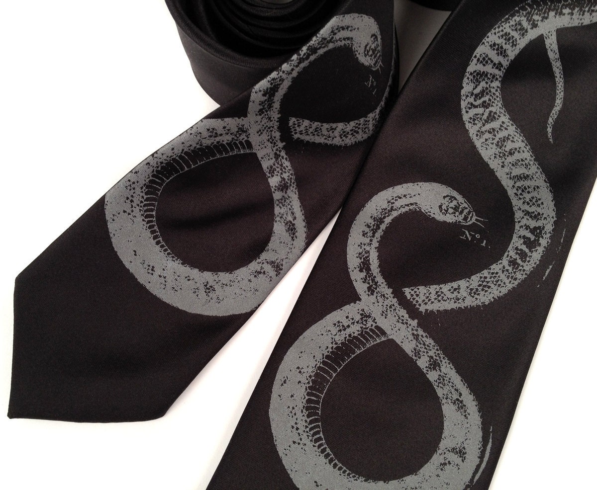 Year of the Snake. Snake men's necktie. Black tie, dove gray print. 2013 Chinese Astrology, Chinese New Year.