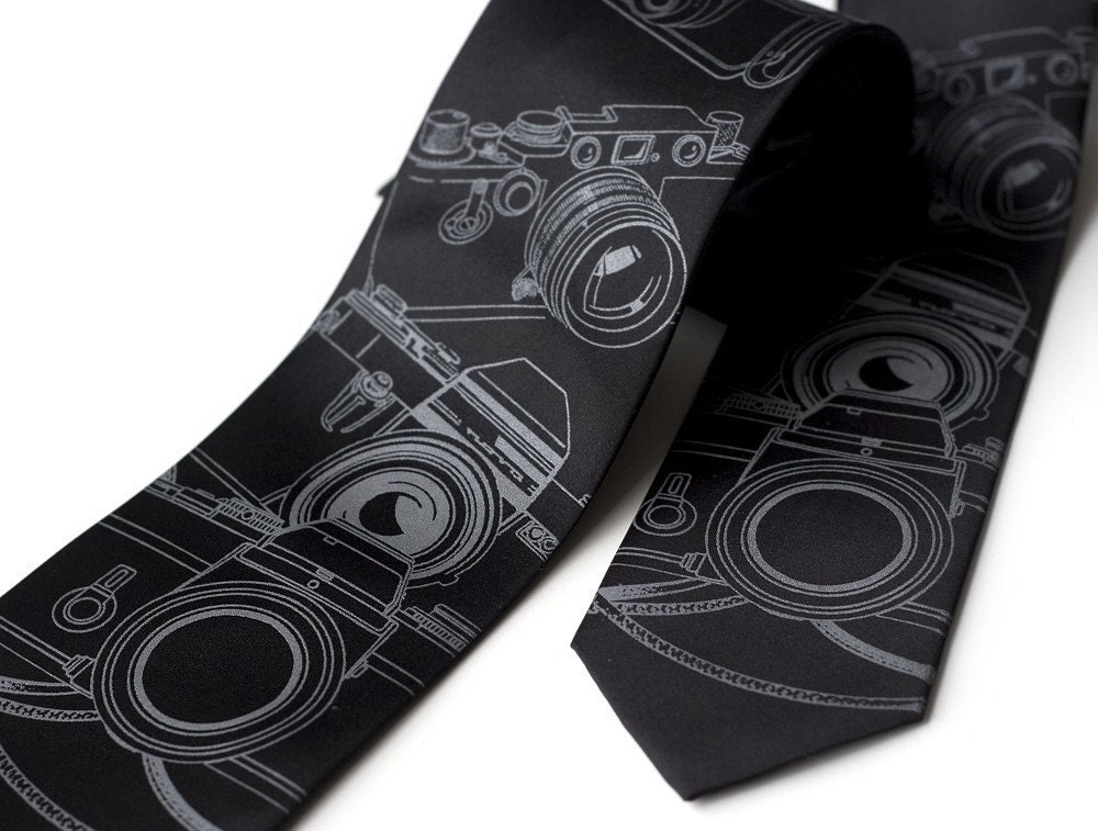Vintage camera necktie. Screen printed men's black tie. Choose standard, narrow or skinny size. Microfiber tie.