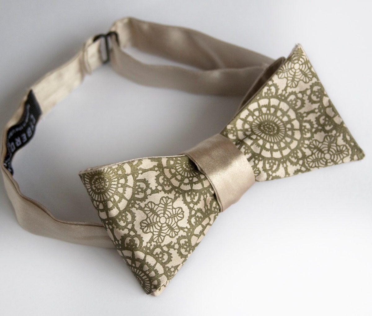 Cottage Lace khaki bow tie. Self-tie, freestyle mens bow tie. Silkscreened antique brass print.