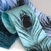 Peacock feather men's silk necktie. Silkscreened tie, black print.