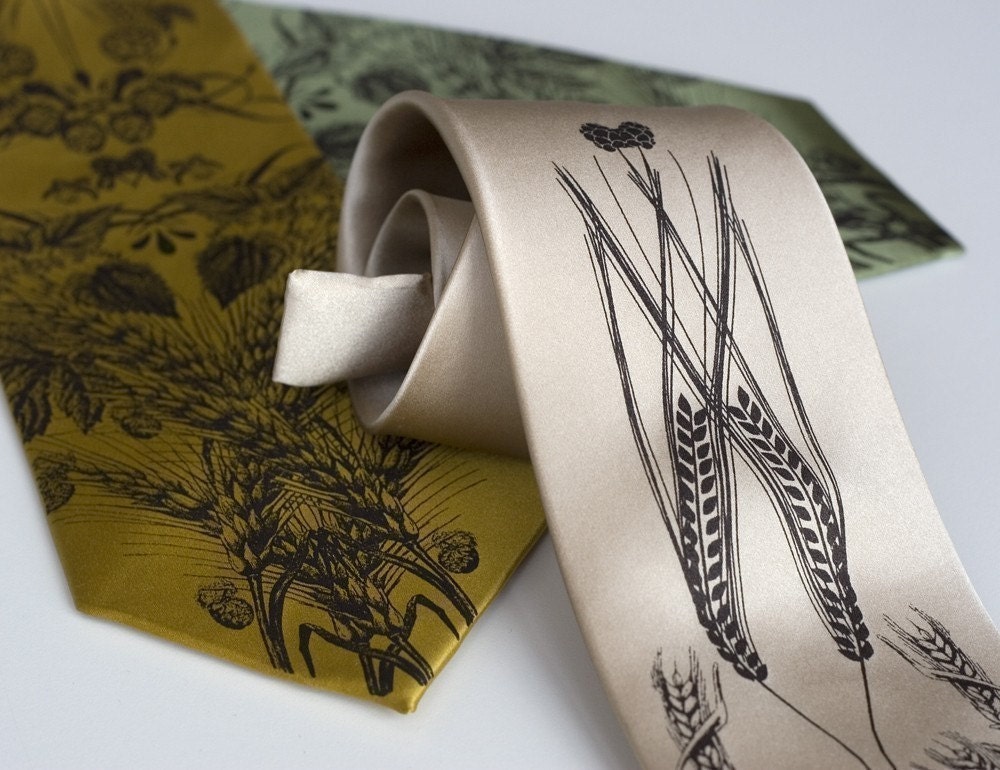 Beer silk tie with hops, barley and wheat. Silkscreen silk necktie. Espresso ink.