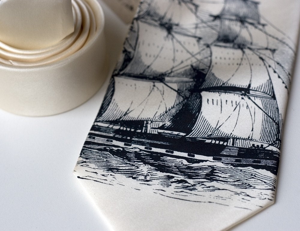 Clipper Ship silk necktie, navy ink on ivory tie. Silkscreen nautical print boat tie.