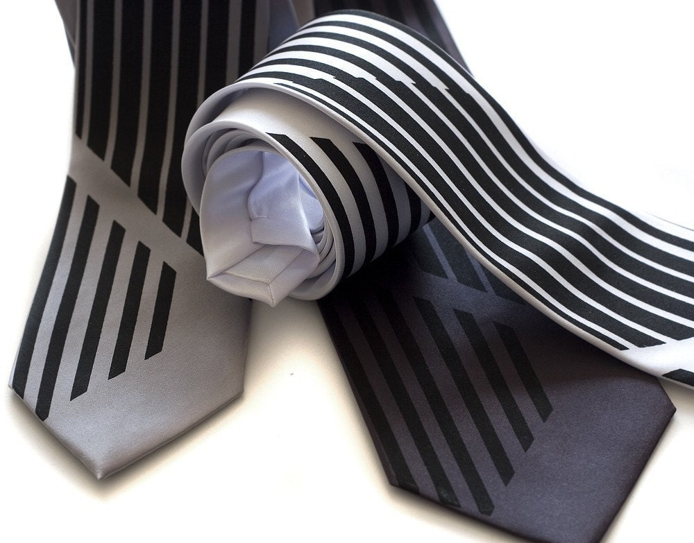 Mod silkscreen necktie. Broken black stripe tie. Choose standard, narrow or skinny width microfiber.