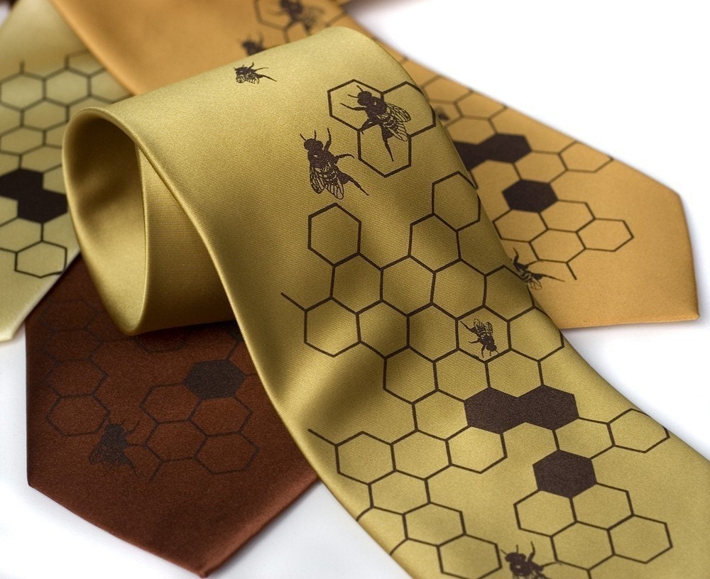 Honeybee silkscreened men's necktie, "Oh Honey" beehive tie, chocolate brown ink. Microfiber.