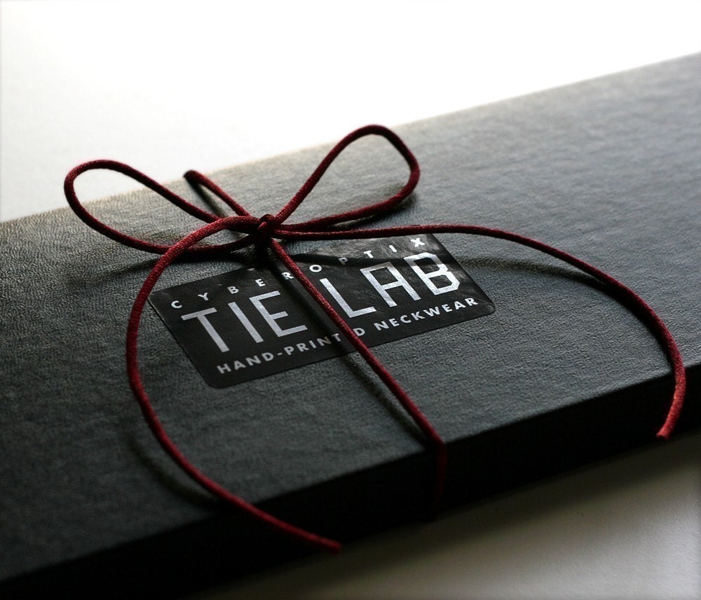 Tie gift packaging - black paperboard necktie box, cord, tissue & sticker. (Perfect for silk scarves too.)
