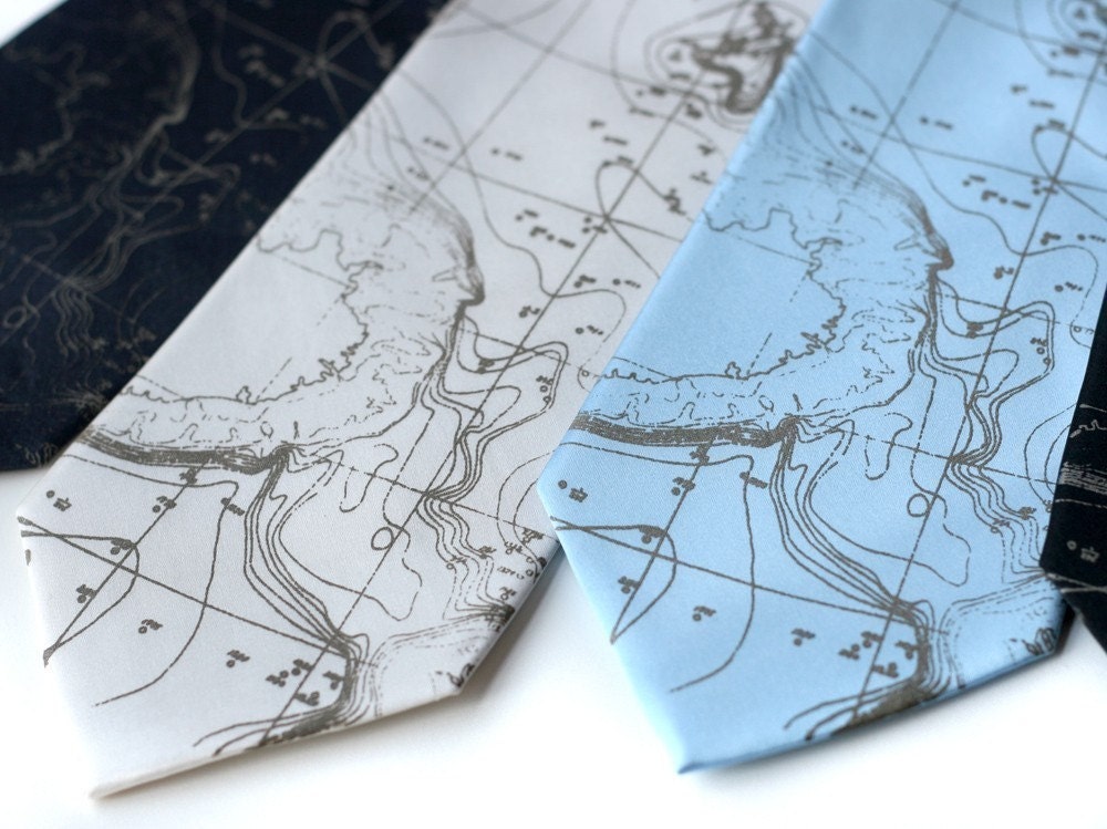 Topographical Error map screen printed silk necktie, nautical seafloor contour map. Silkscreened men's tie.