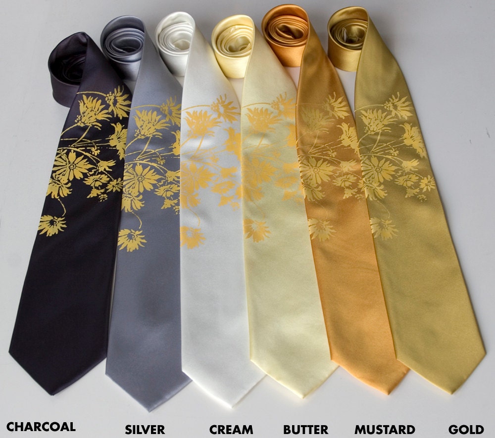 Lazy Daisy necktie. Silkscreen floral / flower tie. Buttercup yellow print. Choose standard or narrow.