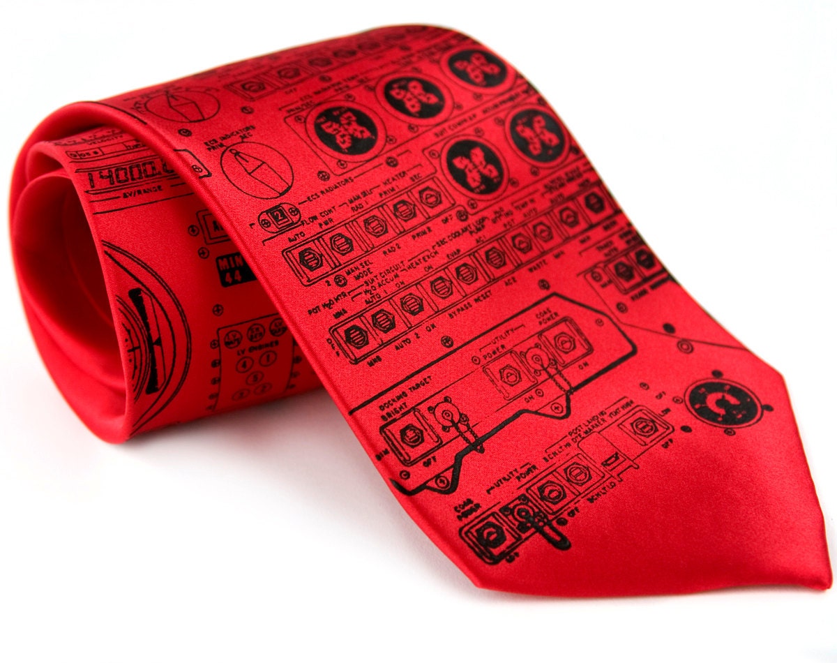 Apollo Cockpit red, white or blue silk rocket science space silkscreen necktie. As worn by astronaut Al Worden, Apollo 15. Black ink.