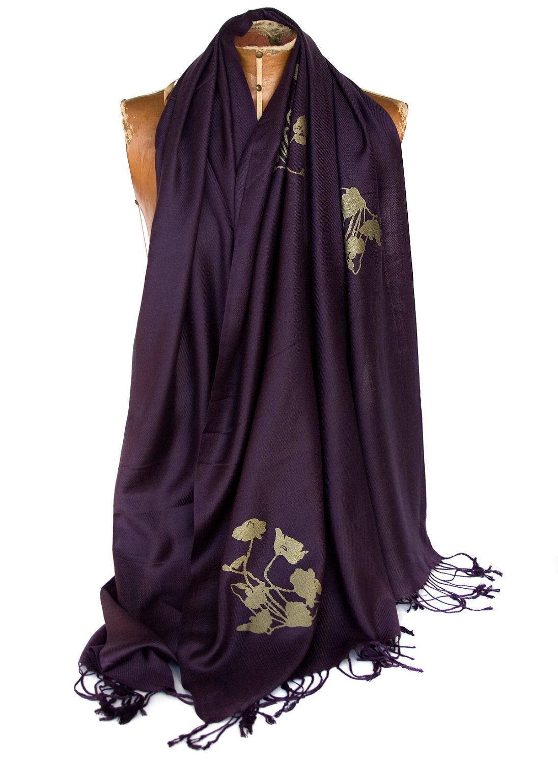 Large eggplant Pashmina scarf. "Poppy" design. Silkscreened with antique brass ink. Unisex.