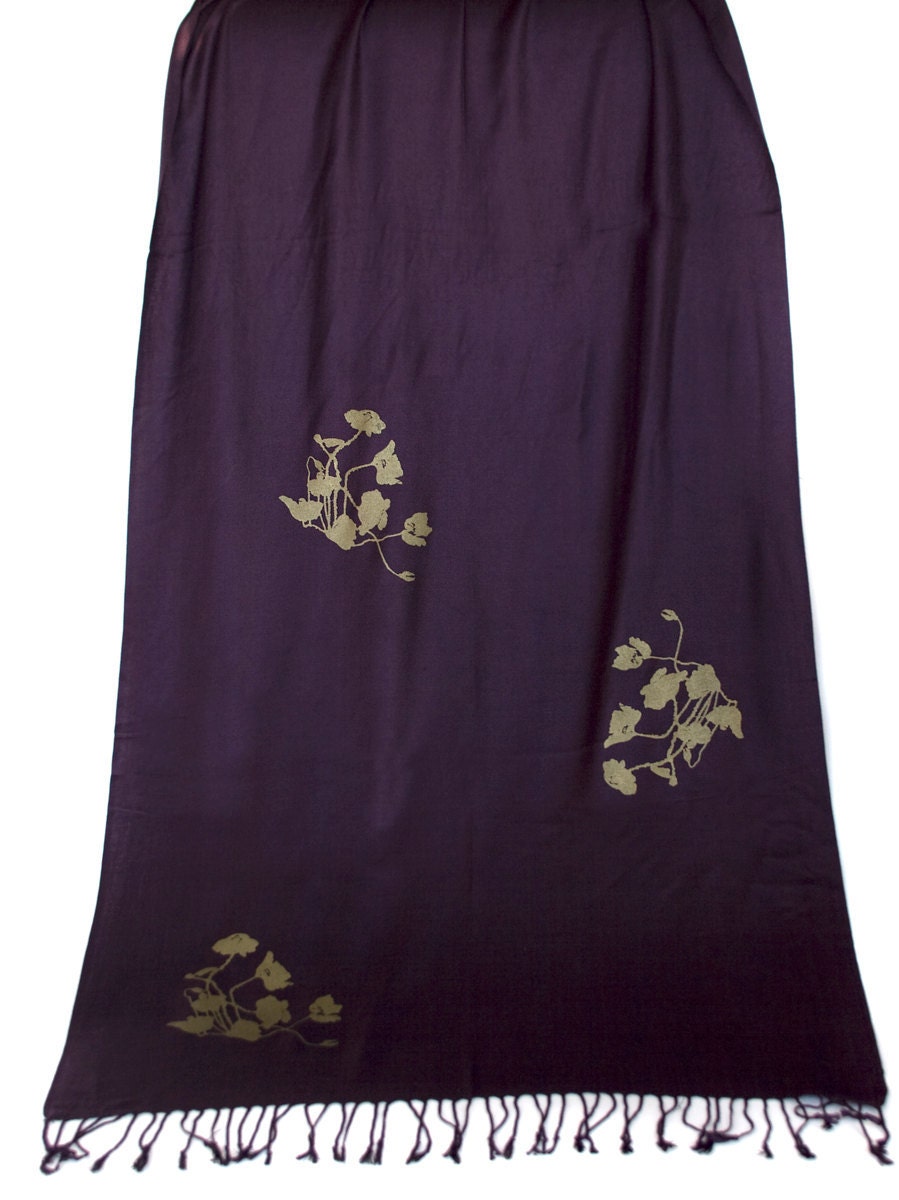 Large eggplant Pashmina scarf. "Poppy" design. Silkscreened with antique brass ink. Unisex.