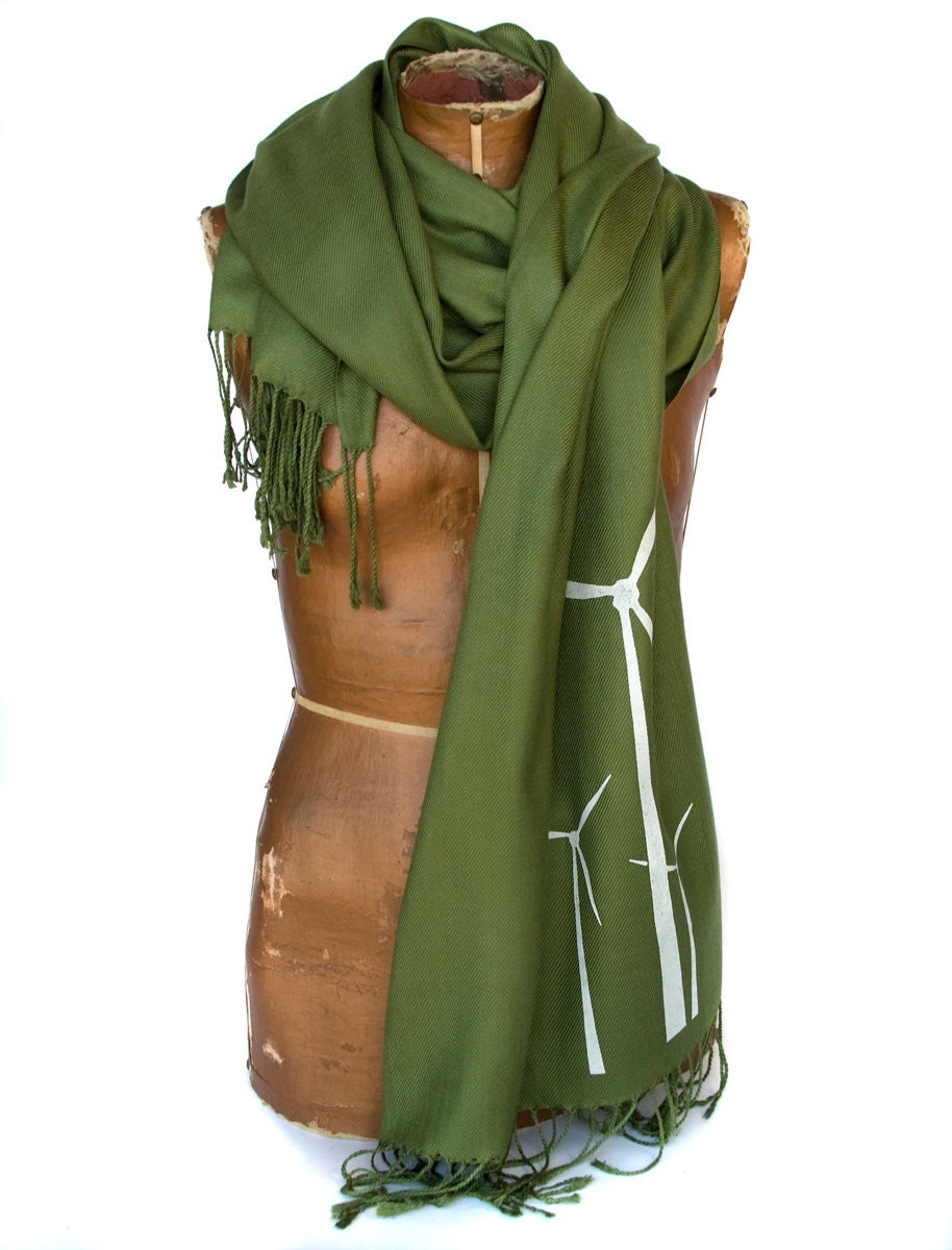 Wind Turbine moss green pashmina scarf, white screenprint. Unisex.