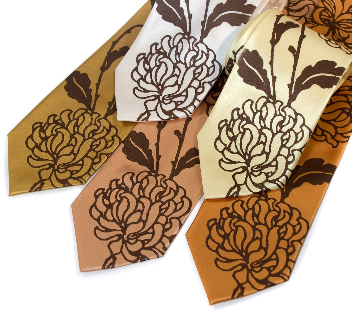 Chrysanthemum necktie. Silkscreen floral print / flower tie. Chocolate brown ink, standard or narrow width.