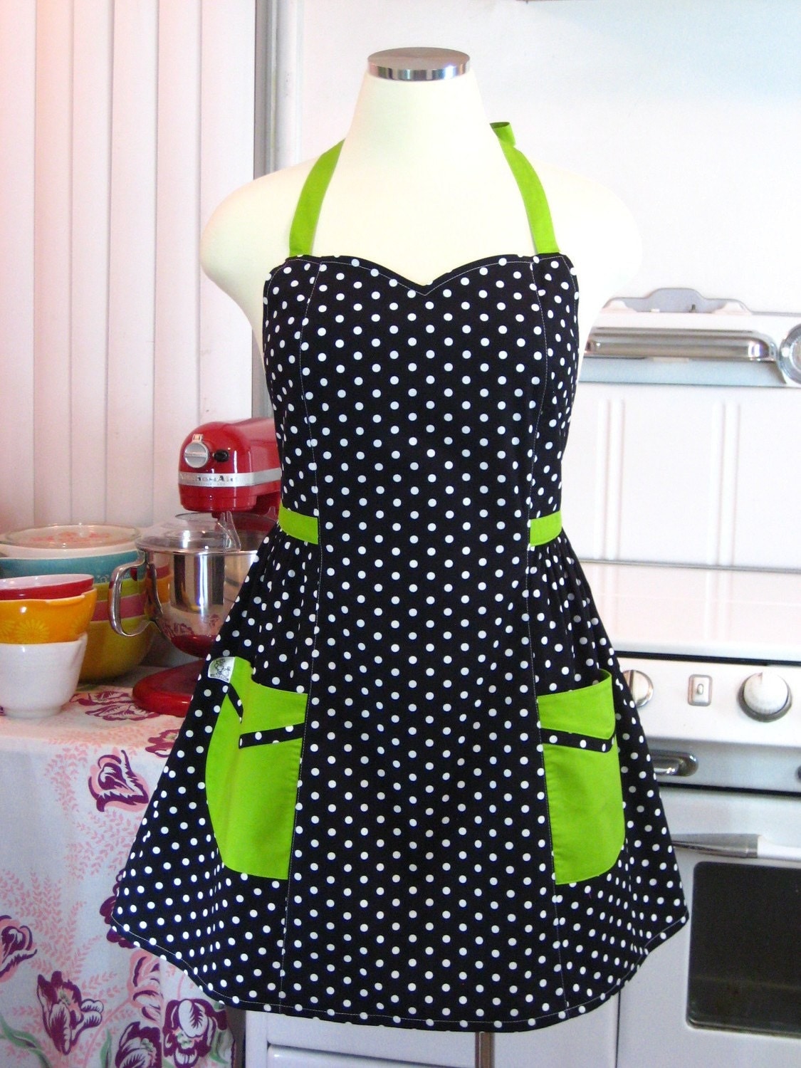 The BETTY - Plus Size Apron - Black and White Polka Dot with Lime Green