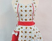 Apron Retro Style Sweetheart Neckline Blue Strawberry Patch Full Apron MAGGIE