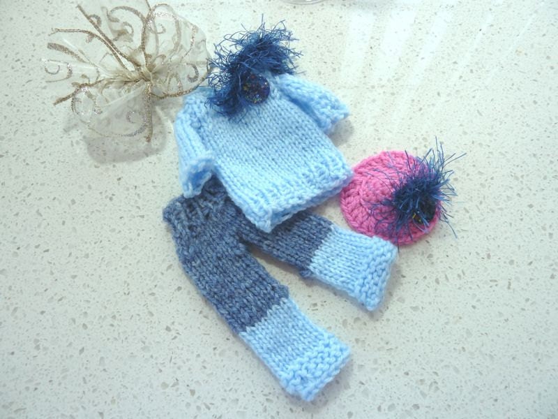 Barbie Clothes - Knit Blue and Pink with Faux Fur  3  Piece Set Fashion Doll under 10 dollars