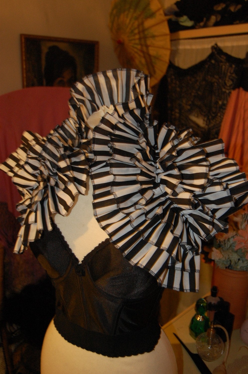 Striped Steampunk Burlesque Steampunk Gothic Shrug CARNIVALE DOLL Cirque Tim Burton Eccentric Couture by Lovechild Boudoir
