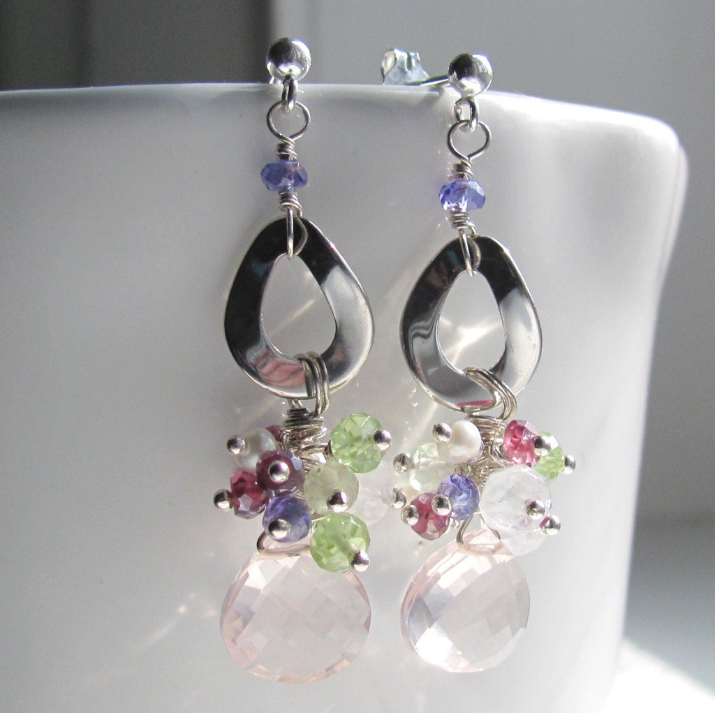 Gemstone Bloom Earrings - AAA Rose Quartz, Tanzanite, Freshwater Pearl, Rhodolite Garnet, Prehnite, Moonstone, Peridot and Sterling Silver