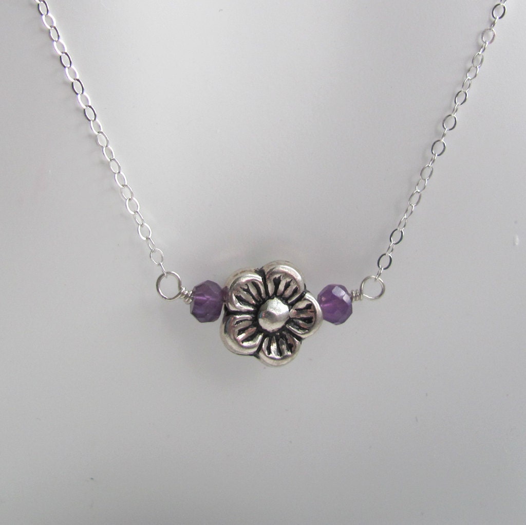 Sterling Flower Necklace - Amethyst Gemstone and Sterling Silver Flower, February Birthstone
