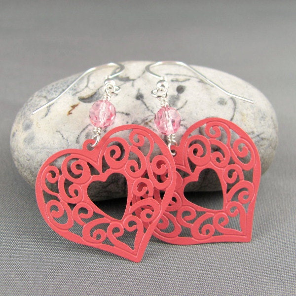 Filigree Heart Earrings - Pink Enameled Brass Filigree Hearts with Swarovski Crystals Valentines Day Gift