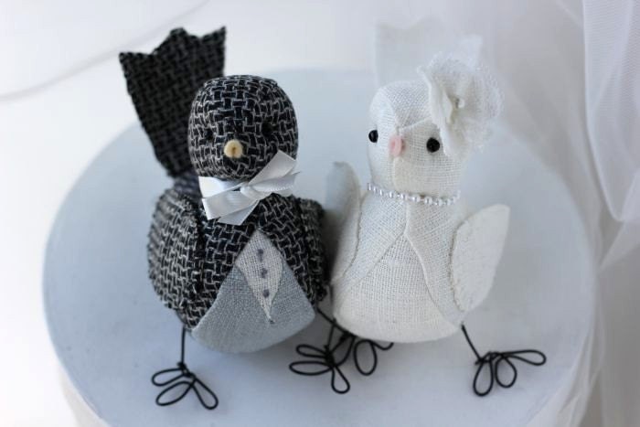 Wedding cake topper - Fabric Bird cake topper -Wedding Love birds cake topper -  Ivory linen and Black and White wool fabric  Custom Order