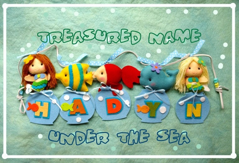 Personalized Name Banner Under the Sea Mermaids and Sea Friends -  Wall-Art for Nursery, Play Room or Party decor ( listing is for set of 4)