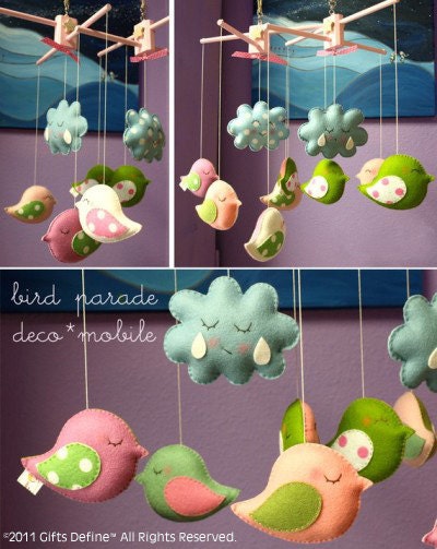 Musical Mobile BIRD PARADE with Your Own Custom Colors -  Hanging Baby Mobile for Modern Nursery, Crib or Playroom (listing for one mobile)