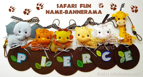 SAFARI Fun Animals NAME BANNERAMA  (set of 4) - Hanging Wall Art Name Banner for Baby Nursery, Kids Playroom, Creative Studio Decor