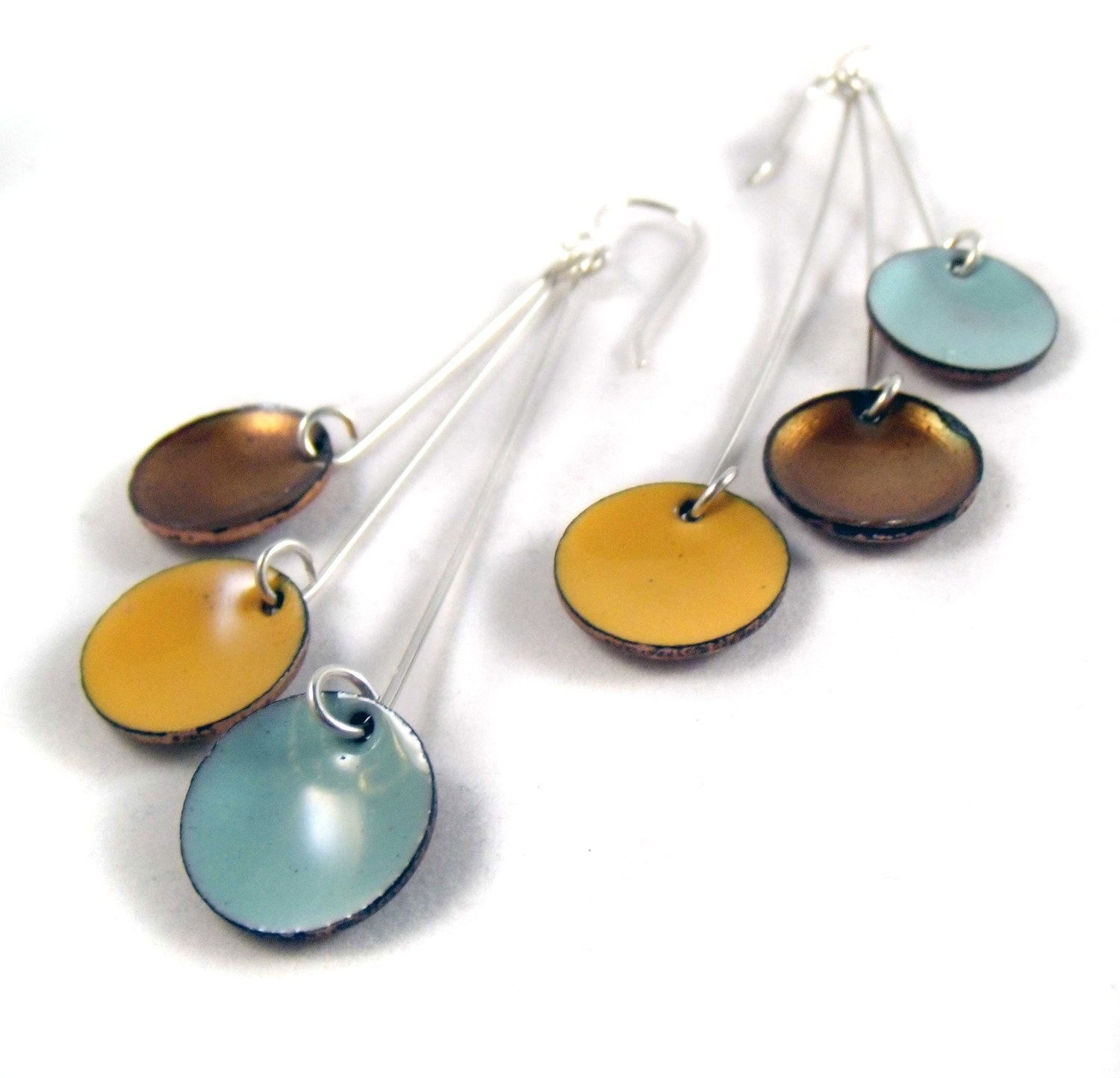 telecaster pendula enamel earrings / robin's egg blue, honey gold, mango yellow orange