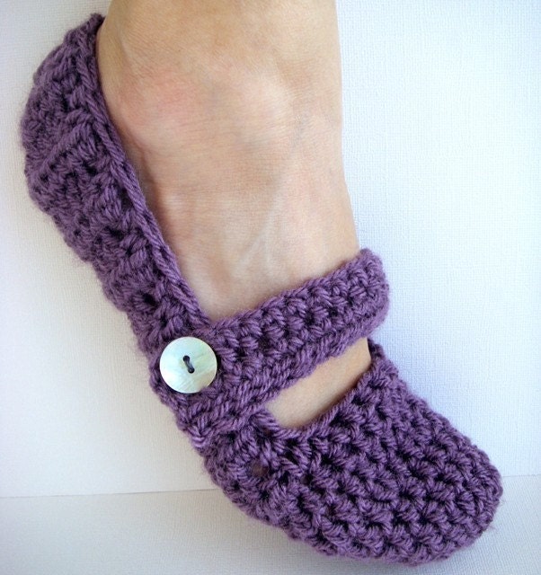 Women's Mary Jane Crochet Slippers, Slipper Socks, House Shoes - Lilac Purple Size 7-10