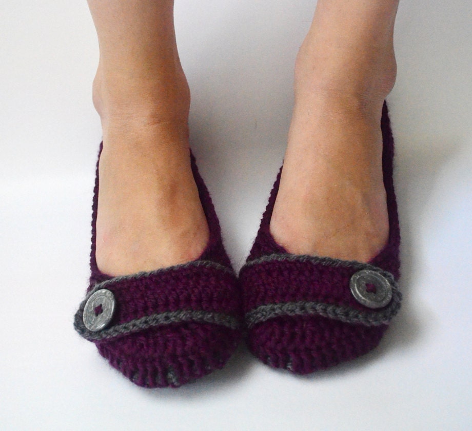 Crochet Womens Slippers, Flats, House Shoes - Eggplant and Steel - Made to Order