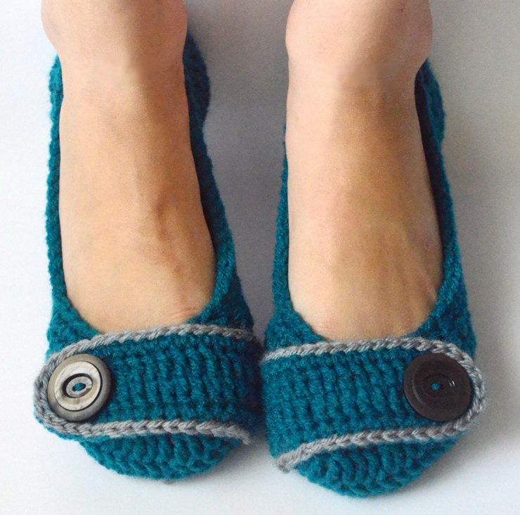 Women's Crochet Slippers, House Shoes - Teal and Steel - Made to Order (Size 8 READY TO SHIP)