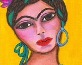 Frida Kahlo 5x7 inches original painting Mexican Folk art by Maria Sanchez