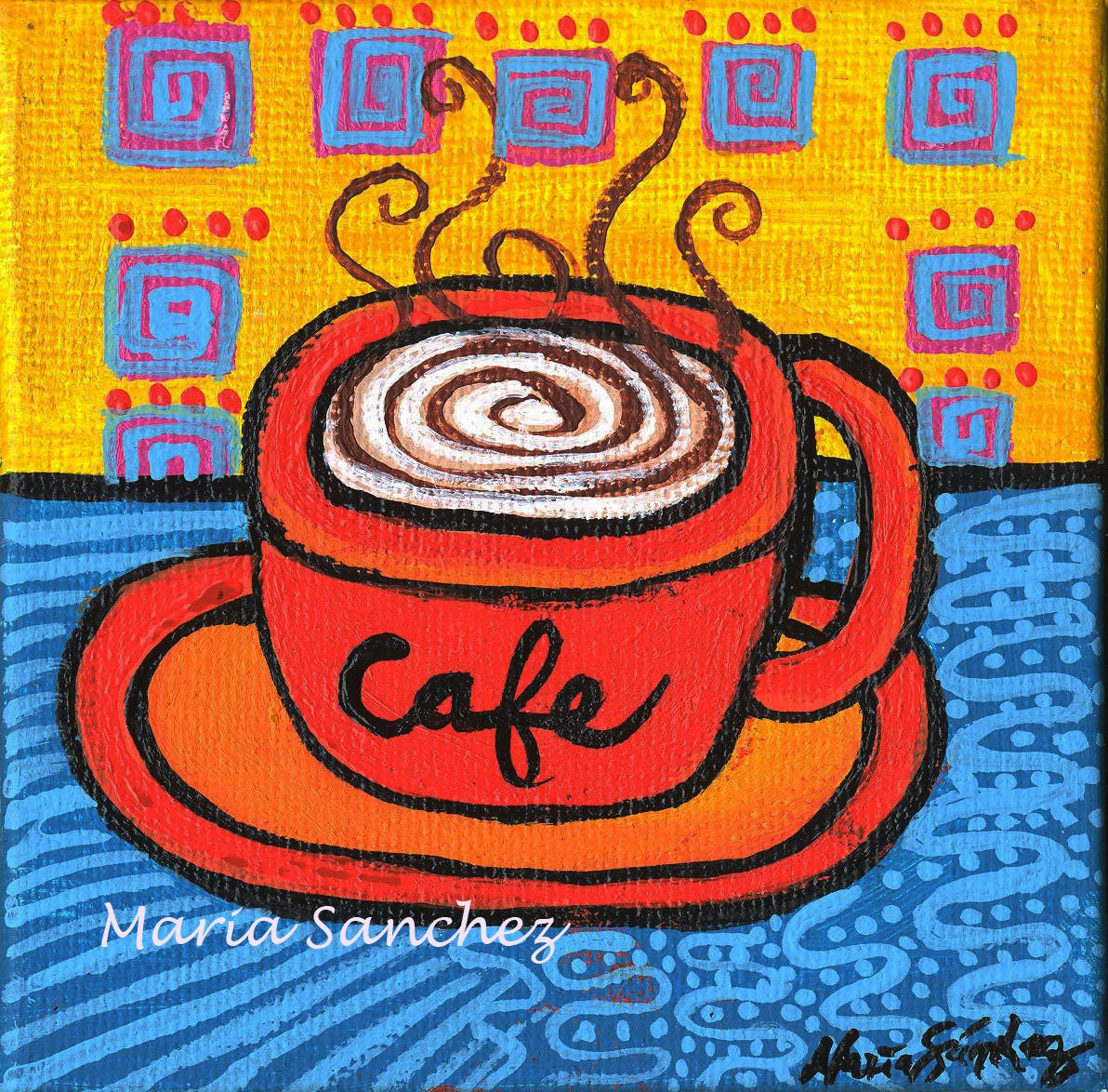 Cafe original painting by Maria Sanchez 4x4 inches coffee cup orange blue