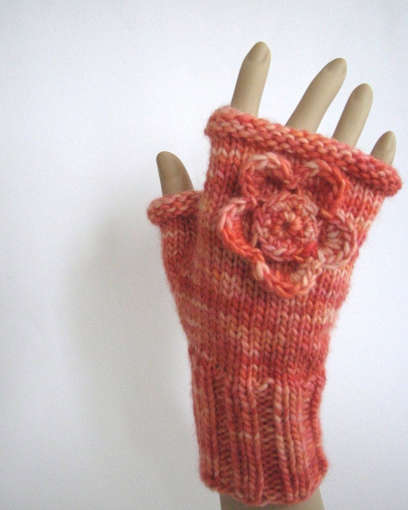Orange Fingerless Mitts, handknitted luxury merino wool alpaca silk, orange gloves handwarmers with crochet flower