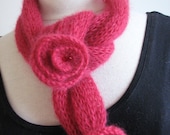 SALE Short scarf, knitted scarflette, strawberry red, mohair scarf, beaded scarf