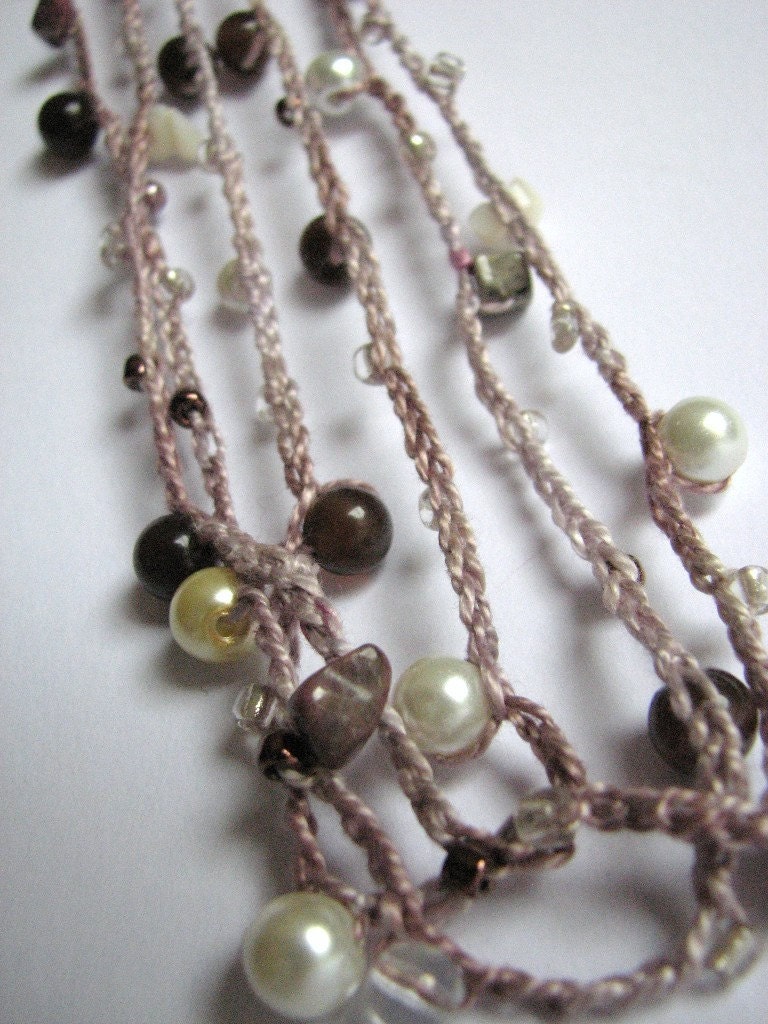 Beaded crocheted necklace or wrap bracelet, glass beads, mother of pearl chips, Coffee and Cream, brown ivory