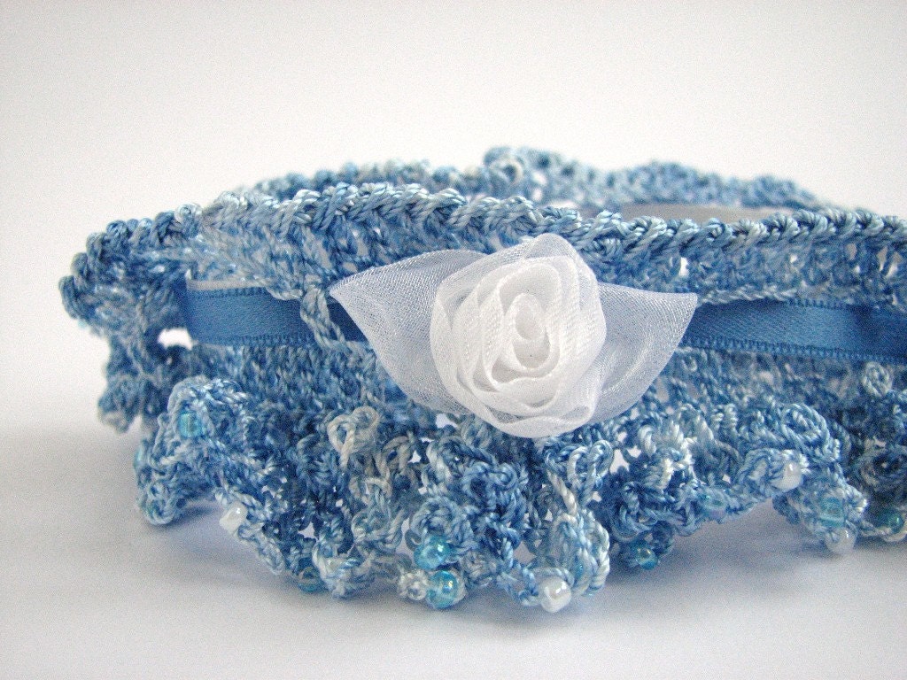 Wedding garter, crocheted silk beaded yarn, ribbon tie, bridal accessory, something blue, any size, free shipping
