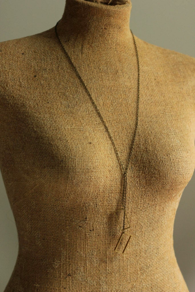 RESERVED geometric rectangle necklace with raw brass pendants on a long chain, geometric jewelry