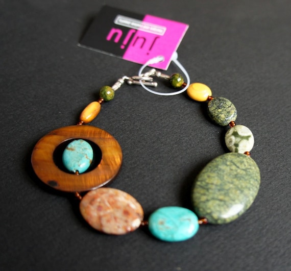 WHAT ON EARTH beaded bracelet made with gemstones, shells and sterling silver parts. Eclectic stone bracelet. Funky jewelry. Chunky.