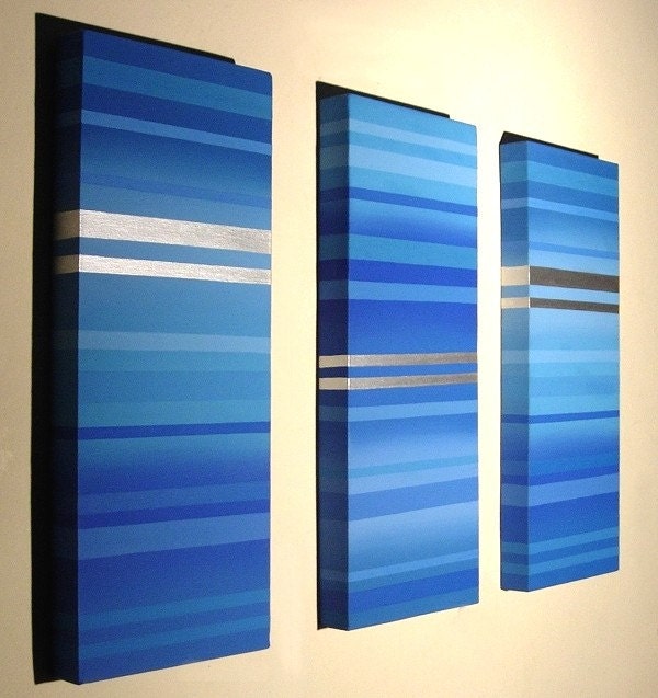 Blue Tones Striped Acrylic Painting - Set of 3