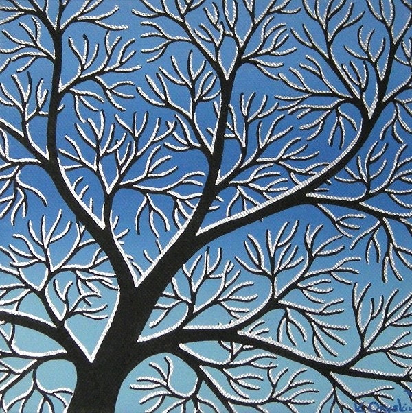 Silhouetted Blue Winter Branches acrylic painting
