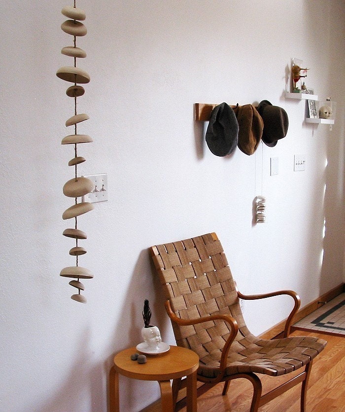 Mudpuppy Moon wind chimes organic hanging disc bells sculpture - natural buff stoneware