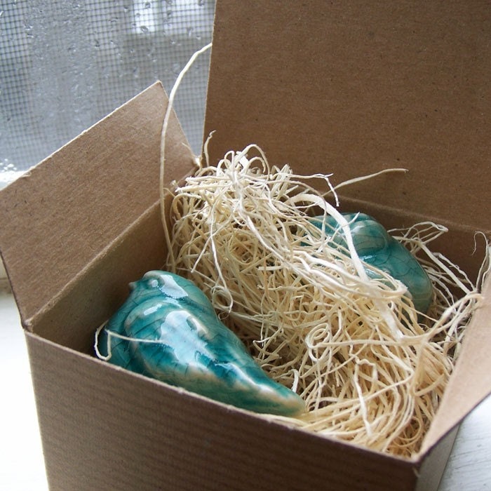 Pair of Ceramic Birds - Peking Turquoise Blue Crackle Glaze