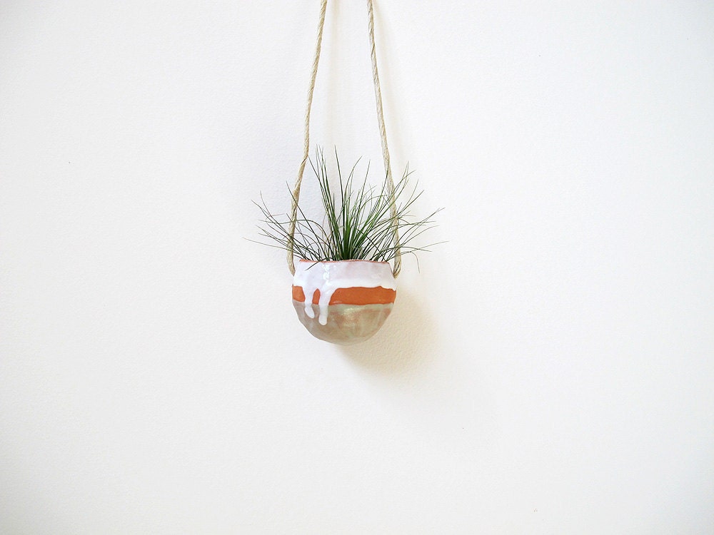 Spring Housewarming Terracotta hanging ceramic pinch pot with green and white glaze - perfect for air plant, succulent or cactus