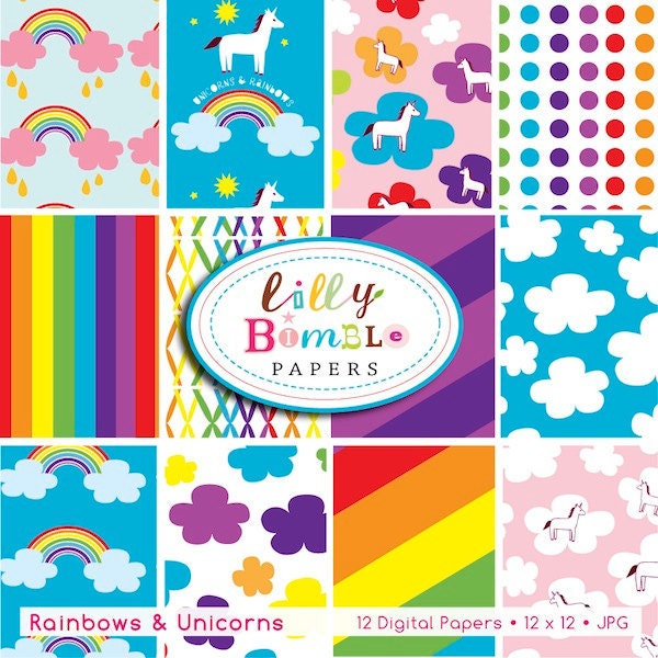 Rainbows and Unicorns digital papers for invites, cards, scrapbooking Instant download Il_570xn