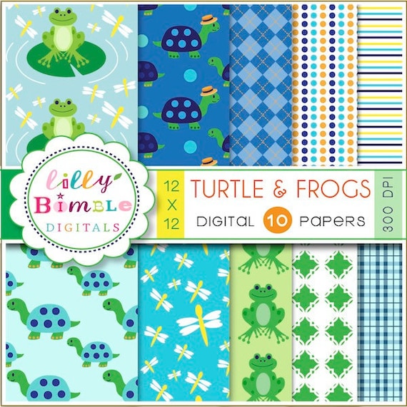 Turtles and Frogs digital scrapbook papers for invites, card, design and crafts Il_570xn