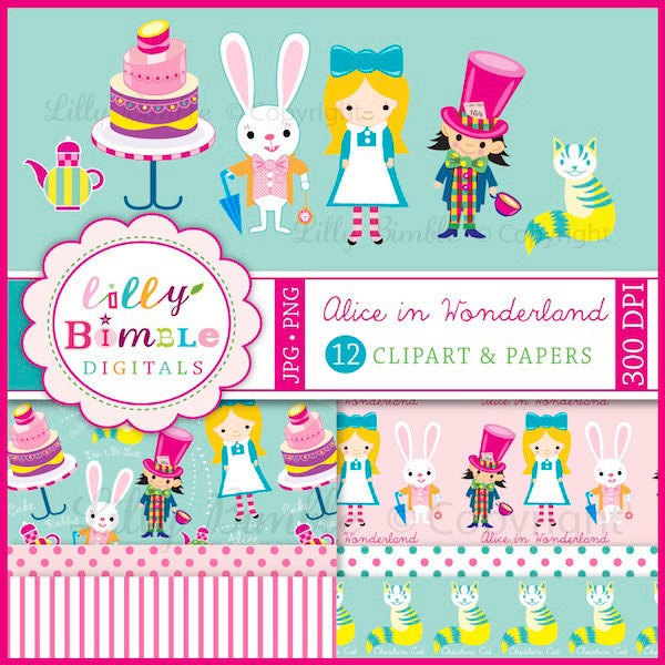 Alice in Wonderland Clipart and Digital papers for cards, scrapbooking, instant download Il_570xn