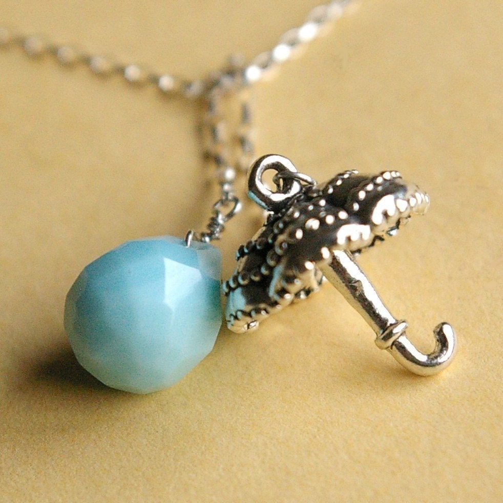 Sterling Silver Umbrella Lariat Necklace, Raindrop Charm, Aqua Blue Teardrop Charm, Old Fashioned Parasol Charm, RAINY DAY