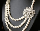Vintage Style Bridal Necklace, Rhinestone Bridal Jewelry, Statement Wedding Necklace,Swarovski Pearl Necklace, CORSAGE